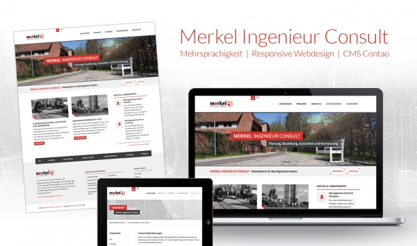 Seriöses, übersichtliches Webdesign zum Thema Bauleitung für Merkel Ingenieur Consult aus Norddeutschland.