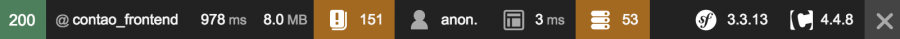 Screenshot der Debug-Bar von Symfony in einer Contao-Anwendung.