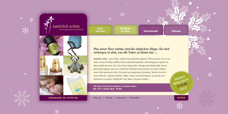 Im Winter sind beispielsweise Schneeflocken im Hintergrund der Webseite zu sehen.