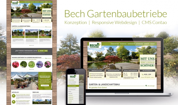 Lebhafte Einblicke in das Angebot rund um Landschaftsbau und Gartenplanung vermittelt das neue Webdesign von Bech Gartebaubetriebe.