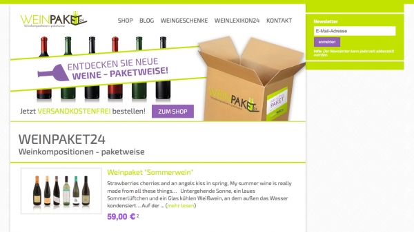 Screenshot der Webseite 'Weinpaket24'