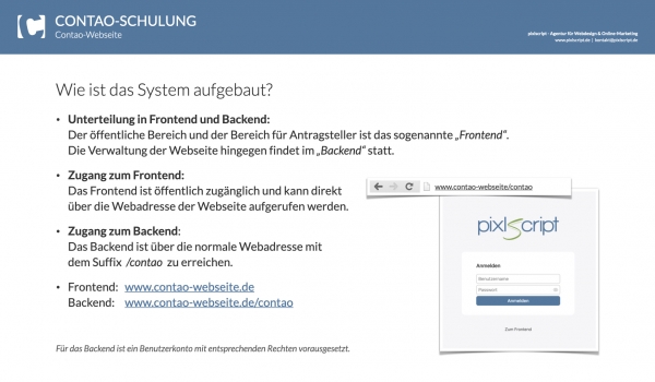 Neben den Grundlagen zu Aufbau und Struktur des Systems stellen wir alle relevanten Konzepte von Contao vor.