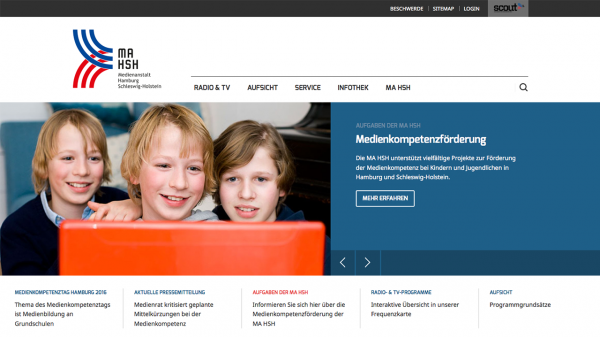 Screenshot der Startseite der Medienanstalt Hamburg / Schleswig-Holstein