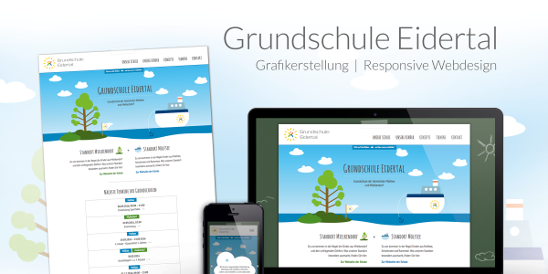 Für die Grundschule Eidertal haben wir eine Webseite mit individueller Grafik als Keyvisual erstellt. In der Grafik finden sich die Motive der jeweiligen Grundschulen sowie die Leitsprüche wieder.