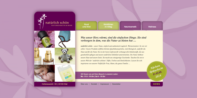 Die "natürlich schön"-Webseite erzeugt durch ein sanftes Webdesign direkt eine Wohlfühl-Atmosphäre.