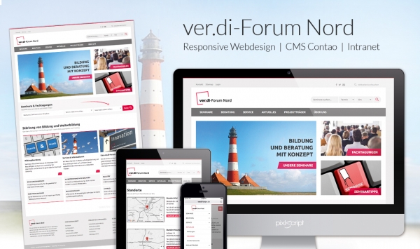 Plakativ und auf den Punkt: Das neue Webdesign der ver.di-Forum Nord gGmbH ist übersichtlich und klar verständlich.