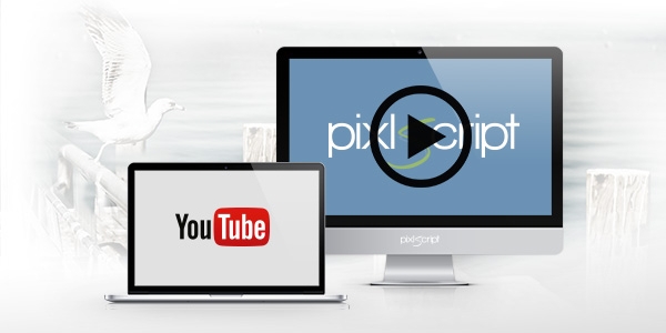 Ein MacBook mit dem YouTube-Logo und ein iMac mit dem pixlscript-Logo, darauf ein Play-Button.