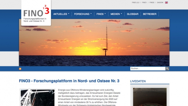 Screenshot der Webseite 'FINO-Forschungsplattformen'