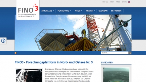Die FINO3-Webseite bietet Besuchern einen lebhaften Einblick in die Forschungsplattform.