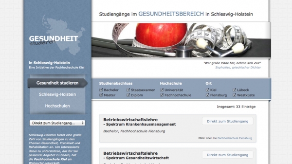 Screenshot der Webseite 'Gesundheit studieren Schleswig-Holstein'