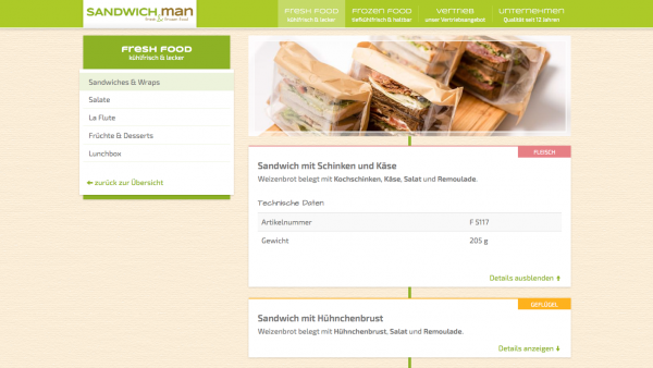 Die Produkte sind nach Kategorie gelistet und bieten relevante Informationen wie Nährwertangaben und Gewicht.