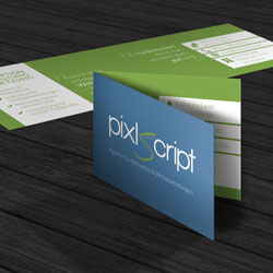 Zwei Visitenkarten der pixlscript GbR, Agentur für Webseiten und Webanwendungen